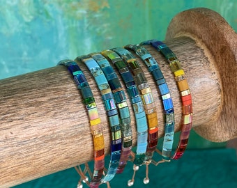 Colorful Glass Tile Bead Bracelet • Adjustable Miyuki Tila Friendship Wristlet • Prismatic Colored Bracelet • Yellowstone Bracelet