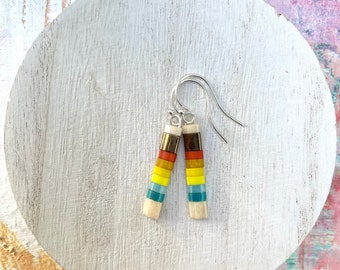 Retro Vibe 1970s Colored Earrings • Nostalgic Short Dangle Earrings • Glass Tile Tila Bead STERLING SILVER Earrings • Minimalist