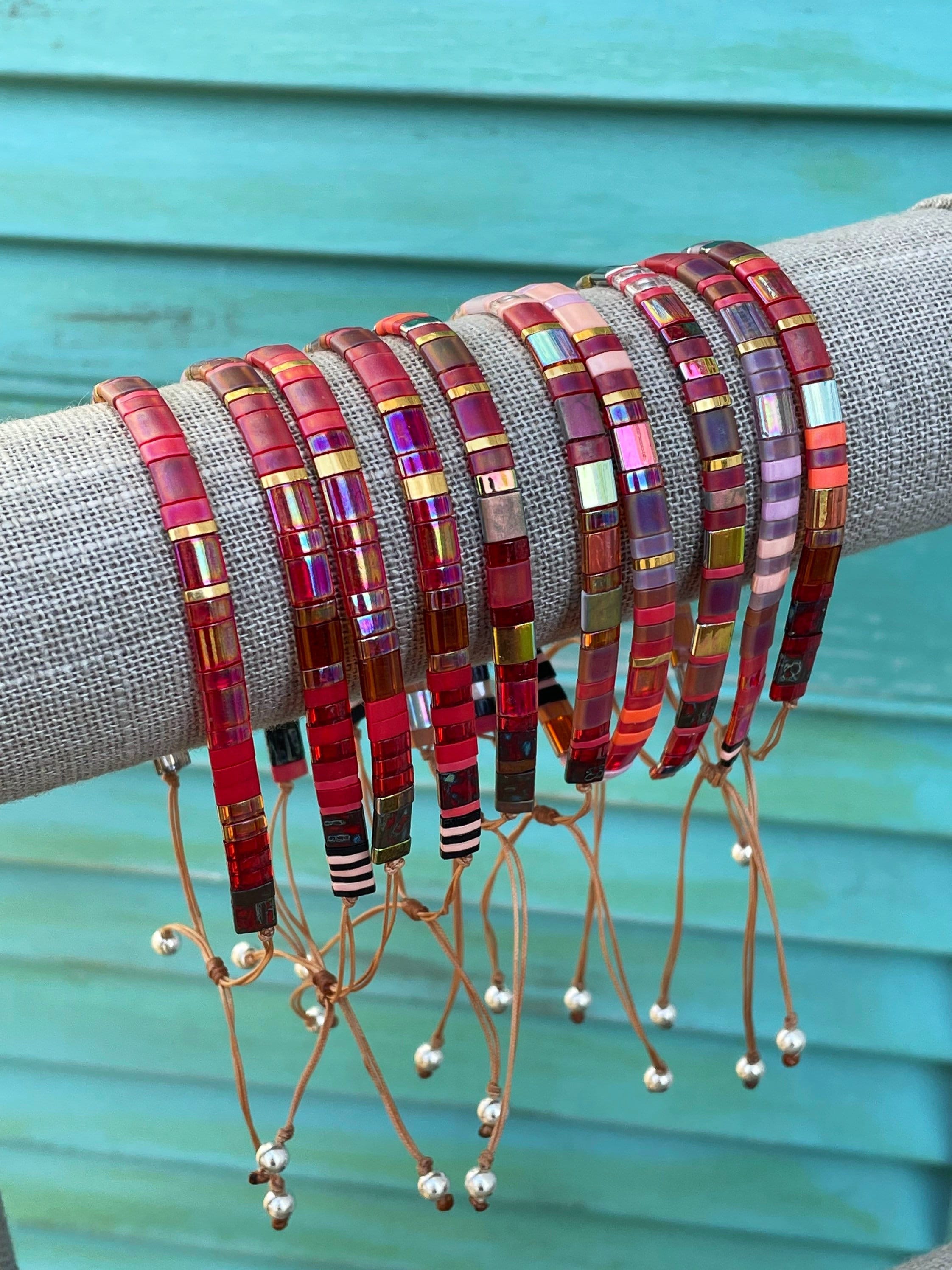 Adjustable Pink Tila Bead Bracelet • Friendship Stacking Bracelet • Square Bead String Bracelet • Best Friend Valentines Gift