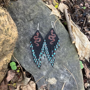 Handmade Beaded Earrings, Snake Power Animal Earrings, Seed Bead Earrings, Statement Earrings, Long Fringe Earrings