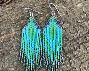Handmade Beaded Teardrop Earrings, Seed Beads Extra Long Earrings For Women. E 58 SB 26 - Foto 3