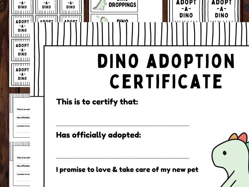 Adopt-a-dino Printable Kit Dinosaur Adoption Certificate for - Etsy