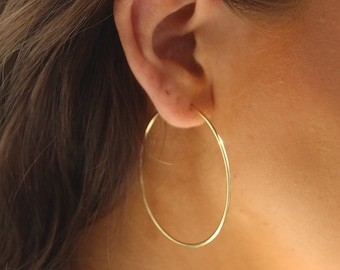 Gold Hoop Earrings, Minimalist Sleeper Pair | 14K Filled, Lightweight, 50mm Diameter - Handmade Gift