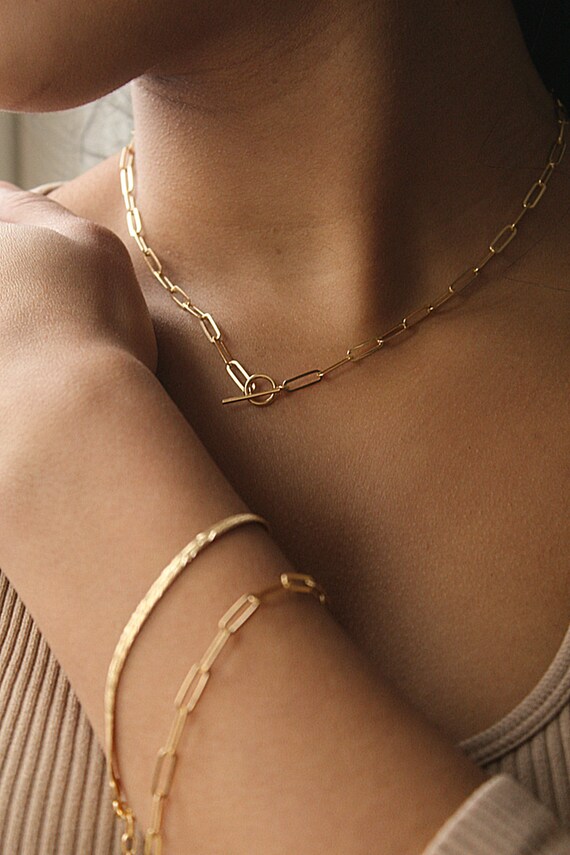 24k Gold Necklace Gold T bar Necklace Chunky Gold Necklace Gold