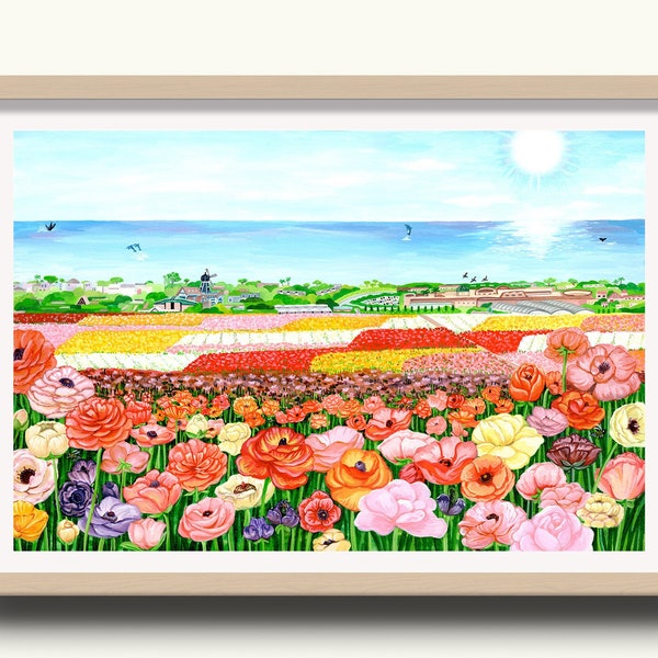 The Flower Fields Carlsbad California Fine Art Print, Hand Painted by San Diego Local Artist