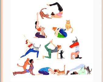 May include: A colorful illustration of women doing yoga poses with cats. The women are wearing colorful clothing and the cats are in various poses as well.