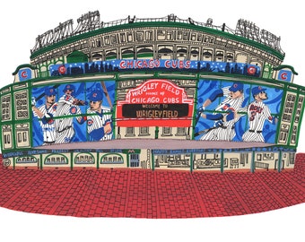 Chicago Cubs Wrigley Field Stadium, Customized Available, Original Fine Art Print, Signed by Artist