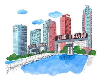 May include: A watercolor illustration of a cityscape with tall buildings and a sign that reads "LONG ISLAND". The buildings are painted in shades of blue, pink, and gray. The sign is painted in black and white. The illustration is set against a white background.