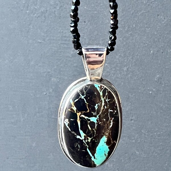 Sterling Silver, Natural Blackjack Turquoise Pendant, on a repurposed  Vintage Jet Beaded 28” Necklace