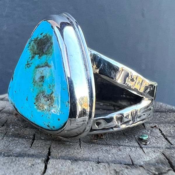 Verde Blue Turquoise, Natural, Hand Forged ,Sterling Silver,  Ring, size 7 1/2