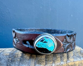 Natural Sierra Nevada Turquoise, Otteson’s Mined, Sterling Silver Button, on a Hand Tooled Leather  Bracelet. Sized for 7” wrist