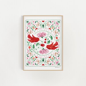 Wintry Folk Art with Birds and Florals