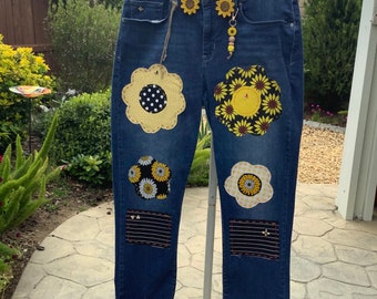 upcycled Levi Jeans klassische mittlere Taille Größe 46 M Ohrringe inbegriffen Siehe Bilder für die Größe