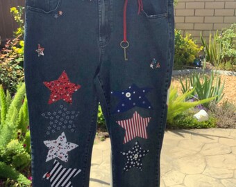 UPCYCLE jeans by Diane Gilman AMERICANA STARS earrings included One of a kind