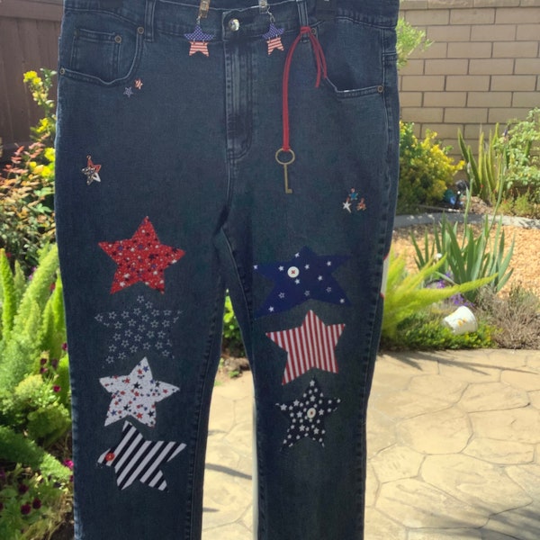 UPCYCLE jeans by Diane Gilman AMERICANA STARS earrings included One of a kind