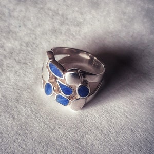 May include: A silver ring with a cluster of blue stones set in the band. The stones are irregularly shaped and have a slightly textured surface.