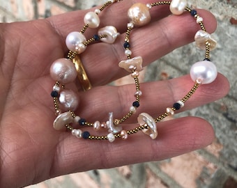 Freshwater Pearl Choker: Baroque Keshi Pearl & Sapphire Necklace