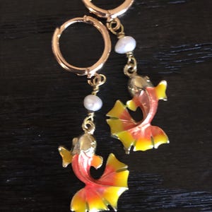 Koi fish earrings, koi goldfish earrings, orange yellow and gold enameled fish earrings freshwater pearls earrings. dangling hoop earrings