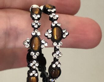 Vintage style Tiger Eye Hoop Earrings: Black & brown, clear Crystal Floral