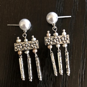 Freshwater Pearl Dangle Earrings: Silver Floral Roman Style