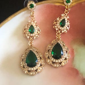 Emerald Green Teardrop Earrings: Gold CZ Art Deco Dangles