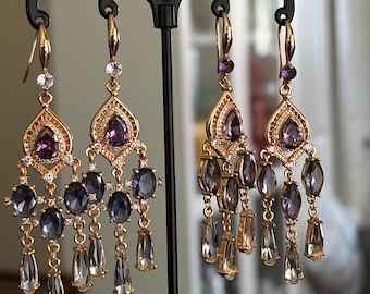 Victorian Gold Teardrop Earrings: Purple Marquise, Clear CZ Dangles