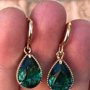 Gold Emerald green teardrop huggie hoop earrings