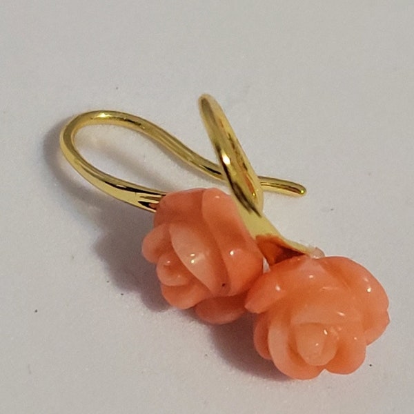 Coral hoop earrings, pink sea bamboo carved rose coral flower shape dangle earrings, coral jewelry, best gift, minimalist jewelry