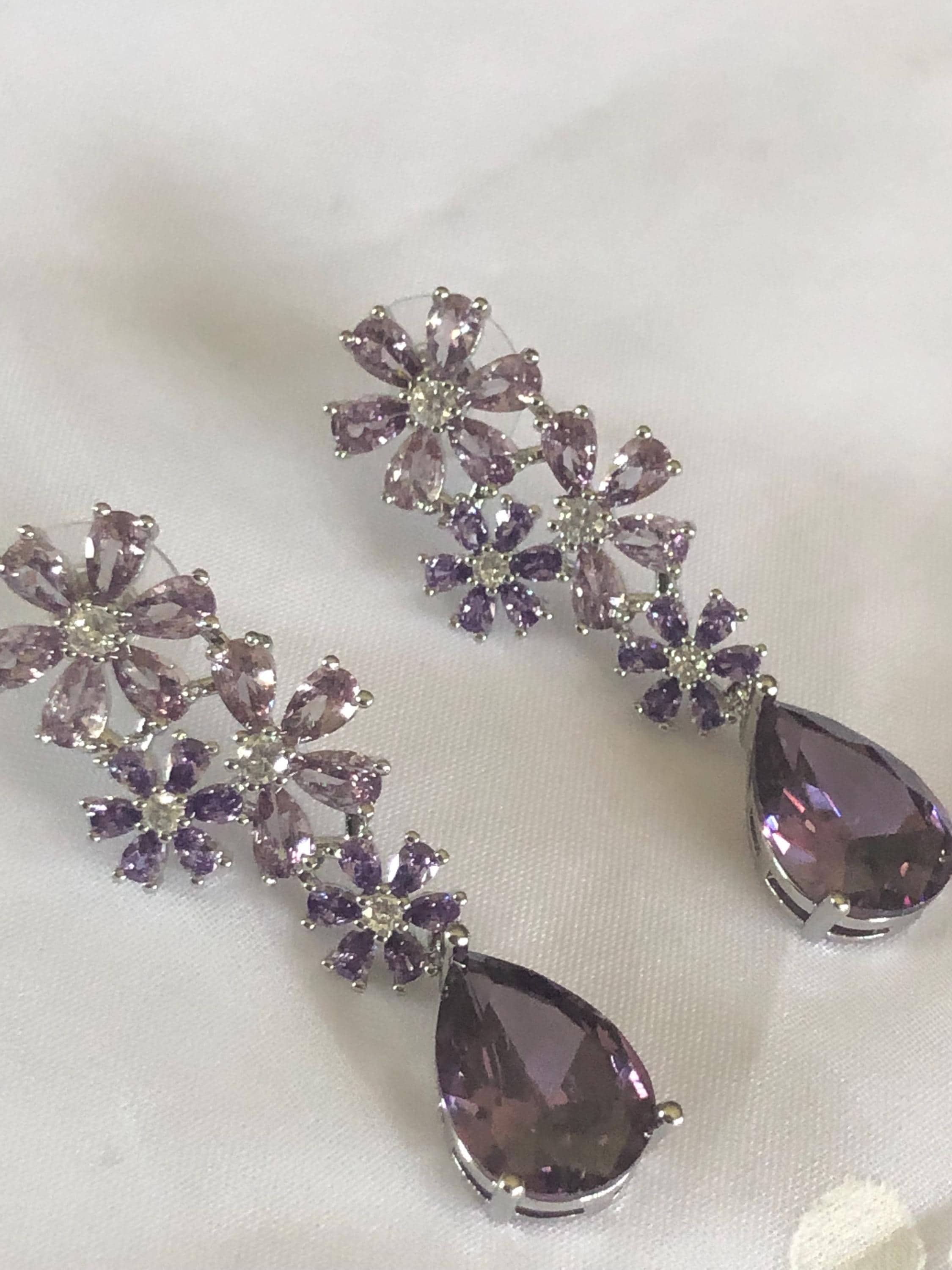 Purple Crystal Flower Bridal Earrings: Silver Zircon Teardrop Dangle
