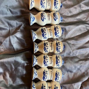 set of 7 blue onion pattern ceramic vintage spice jars