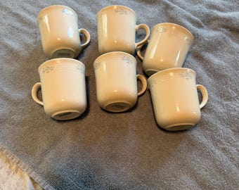 set of 6 Vintage Corning Corelle Lace Bouquet Coffee Cups Mugs Ivory Blue 8 Oz