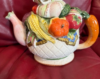 Vintage cornucopia garden vegetables ceramic teapot