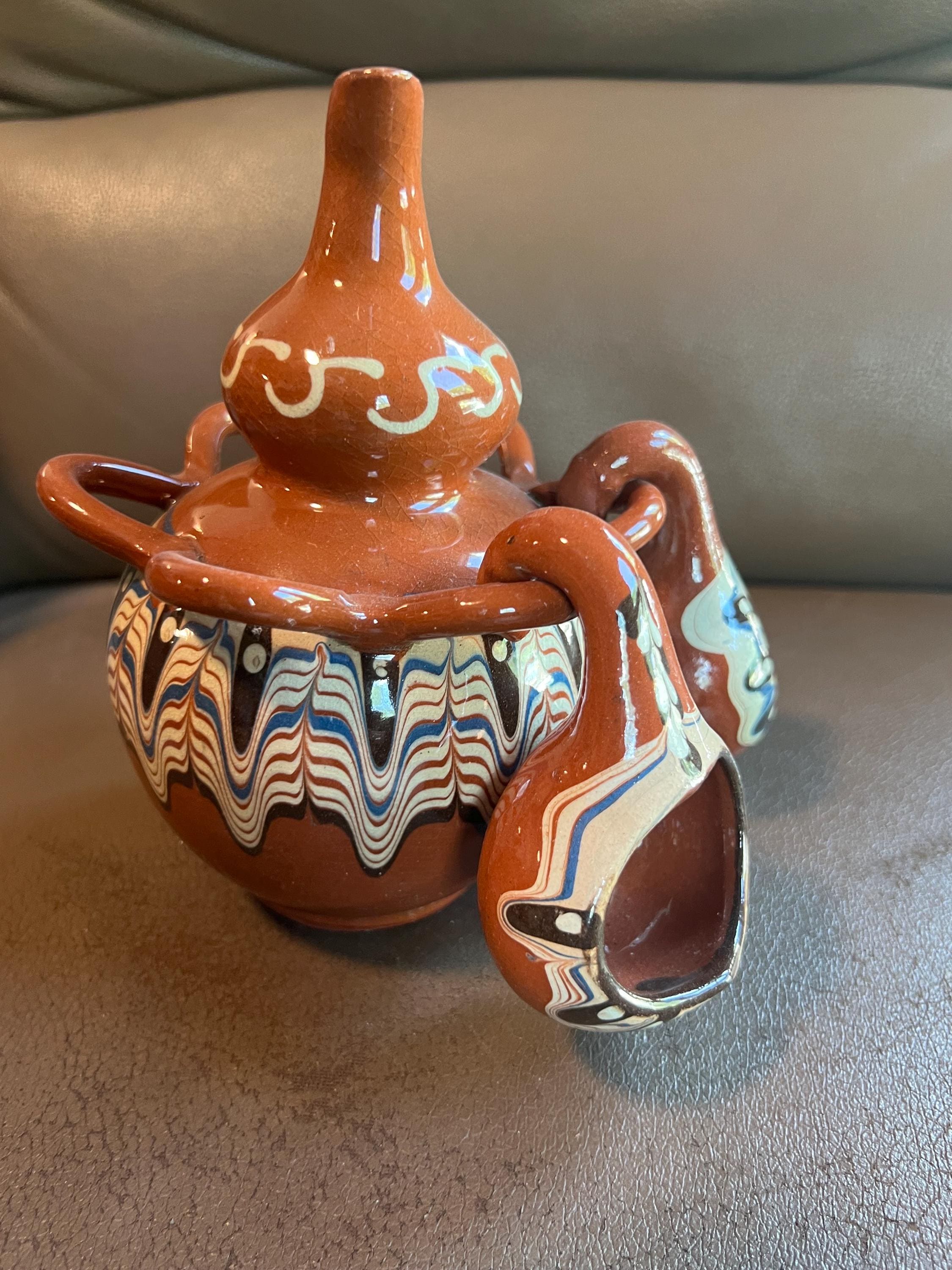 3 Piece Set Vintage Bulgarian Troyan Pottery Jug With Attached