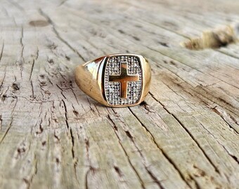 Sterling Silver Gold Plate Diamond Cross Signet Ring