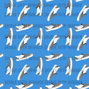 May include: A repeating pattern of white slip-on sneakers with black and white checkered accents on a blue background. The text "DOUBLE DUTY GRAPHICS" is repeated throughout the image.