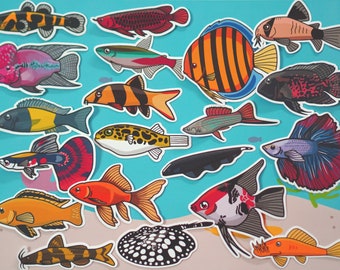 Assorted fish sticker pack -  waterproof paper sticker, aquarium sticker, decoration, fishkeeper, diary fancy sticker