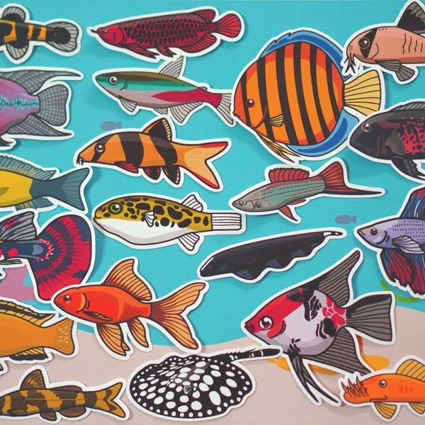 Assorted fish sticker pack -  waterproof paper sticker, aquarium sticker, decoration, fishkeeper, diary fancy sticker