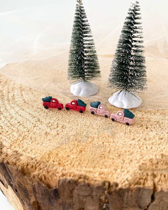 Orecchini A Camioncino Vintage Rosso Natale: Allegri Ciondoli Con Babbo Natale E Alberello, Gioielli Donne Fatti In Acrilico, Idea Regalo Festiva Unica