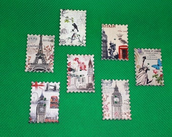 Knöpfe Briefmarke London Paris Marken Holz Knopf basteln nähen Holzknöpfe