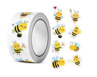 May include: A roll of white stickers featuring yellow and black cartoon bees with blue wings. Some bees hold flowers, honey pots, and heart-shaped balloons. Several individual stickers are scattered nearby.