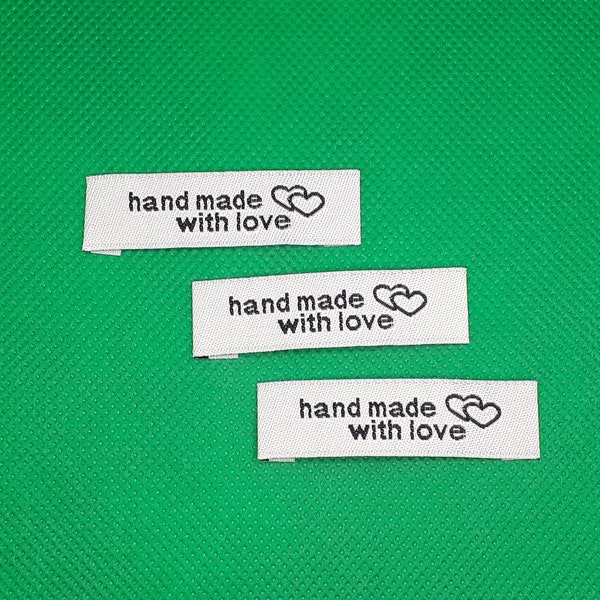 Label 50 Hand Made with love Stofflabel weiß Herz Handmade Etiketten Aufnäher Stoffetikett basteln nähen