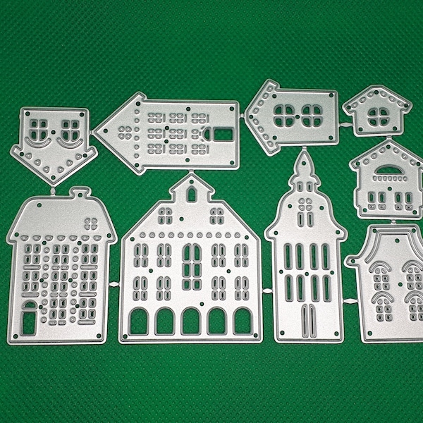 Casas en relieve casa perforando plantilla de pueblo de la ciudad estampado