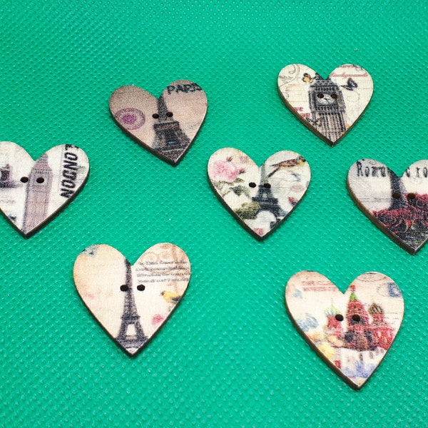 Heart Buttons Antique Paris London Wooden Button Colorful Craft Sewing Wooden Buttons