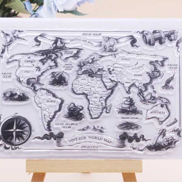 Silicone Stamp Vintage World Map Scrapbook Map Stamp Compass Clear Clearstamps