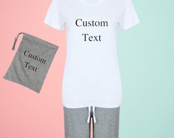 Pyjamas in a bag. Custom Personalised Text printed on top and bag. Christmas gift. Birthday. Hen party. Zoom party