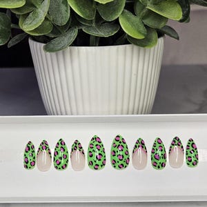Press On Nails, Neon Cheetah Print, Size Large, Medium Almond Shape