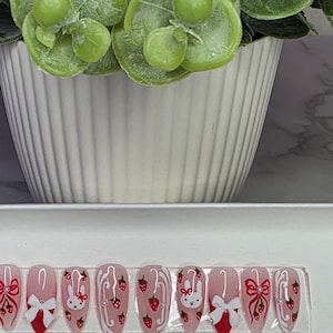 Press On Nails, Miffy Strawberry Bow Charm, Kawaii, Size Extra Small, Long Almond Shape