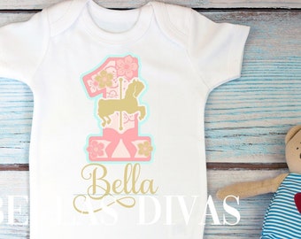 CAROUSEL PERSONALIZED NAME Baby One Piece- Baby Girls 1st Birthday Carousel theme Body Suit -Girls Custom Name Carousel Horse First Birthday