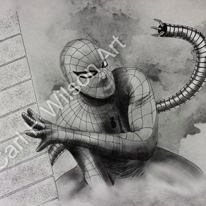 May include: A black and white pencil drawing of Spider-Man, a superhero, clinging to a wall. A mechanical tentacle extends from behind him. The artwork is signed "Carl Wilson Art" and dated 2023.