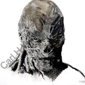 May include: A black and white watercolor painting of a creature's head with a textured, weathered appearance. The creature has a large, bulbous head, with visible eyes and a complex network of lines and textures. The artist's signature and the year '22 are visible.